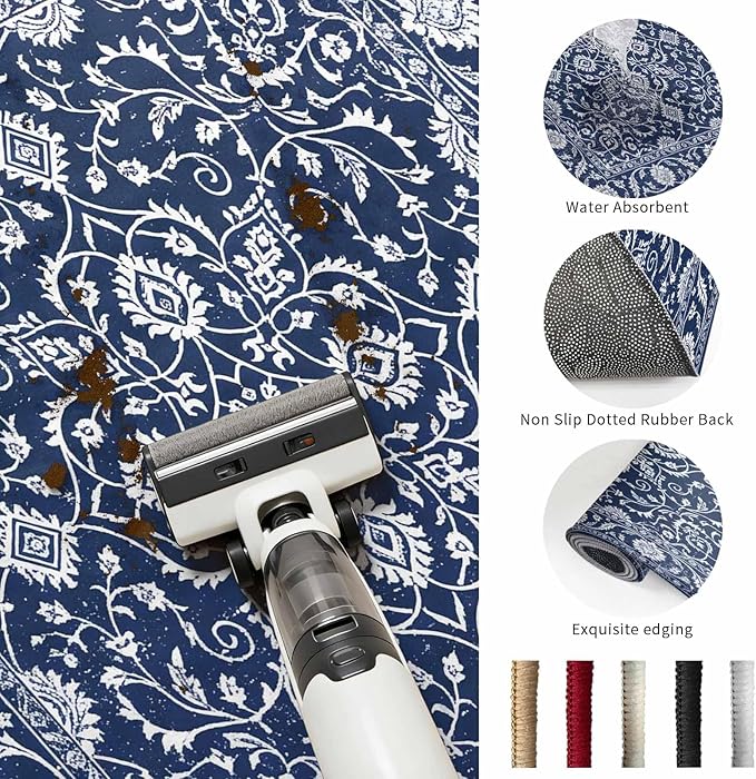 Area Rug 9x12ft, Navy Blue Paisley Floral Texture Washable Rugs for Living Room Bedroom Rectangle Floor Carpet, Vintage Tribe Flower Soft Non-Slip Area Rugs for Dining Room