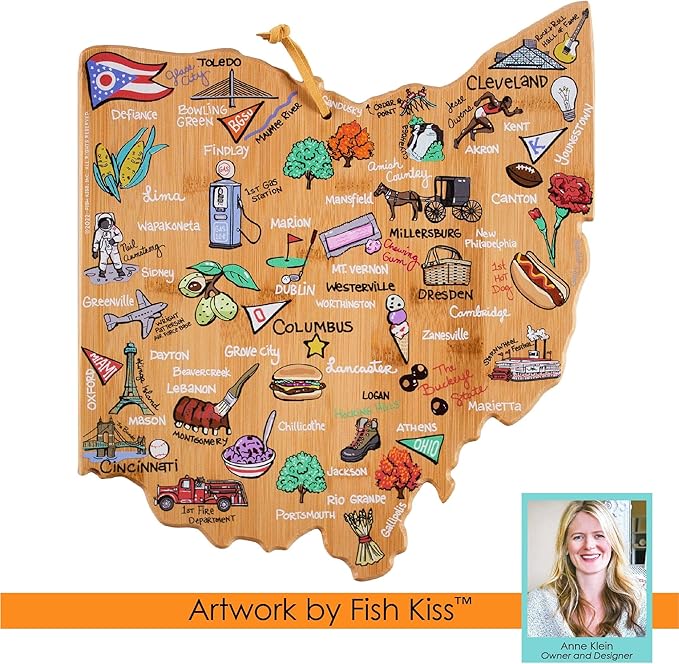 Totally Bamboo Ohio State Shaped Cutting Board and Charcuterie Serving Platter with Artwork by Fish Kiss, Includes Hang Tie for Wall Display