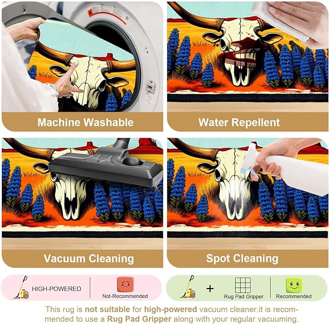 8x10 Area Rugs for Bedroom Boho Washable Man Cave Rug for Living Room Texas Desert Landscape Longhorn Skull Bluebonnets Bold Retro Soft Rubber Backed Non-Slip Large Carpets for Boys