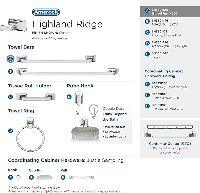 Amerock BH3601326 | Chrome Towel Bar | 18 in (457 mm) Towel Rack | Highland Ridge | Bathroom Towel Holder | Bathroom Hardware | Bath Accessories