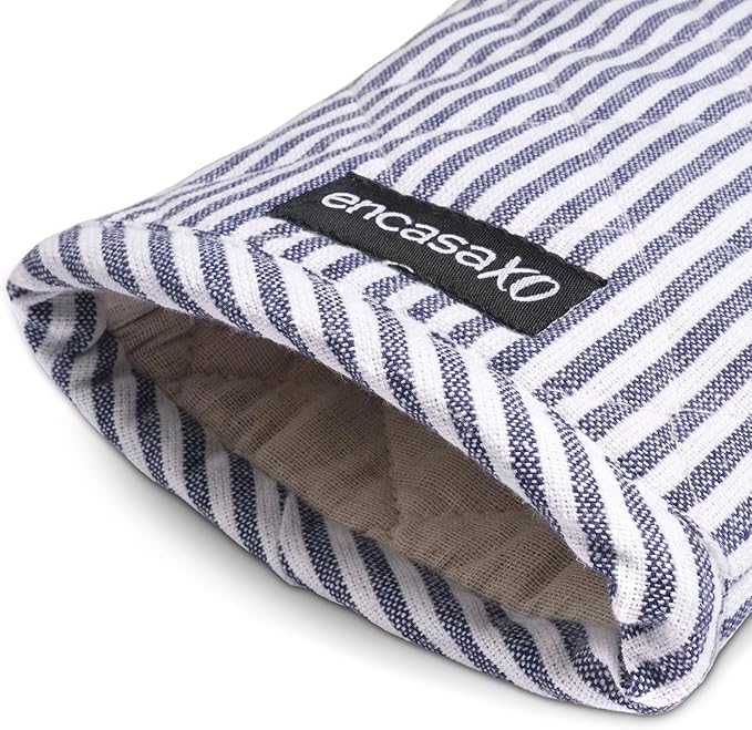 Encasa XO Long 12"x7" Oven Microwave Hand Gloves Mitts (2 pc Set) for Kitchen Cooking & Baking - Heat Resistant, Thick & Safe, Protection of Hands from Hot Utensils - Ticking Navy Blue
