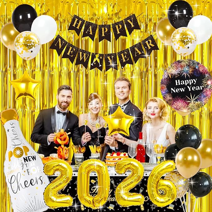 2026 New Years Eve Party Supplies, Happy New Year Decorations 2026, New Years Decorations Kit with 2026 Balloons, Happy New Year Banner, Gold and Black Balloons, Fringe Curtain for NYE Decoration