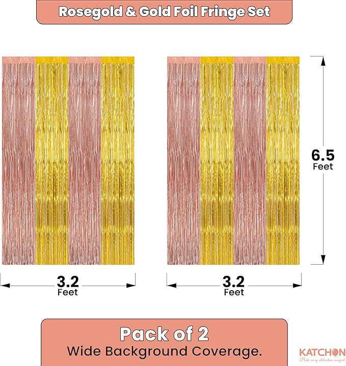 KatchOn, Rosegold & Gold Foil Fringe Curtain - XtraLarge, Pack of 2 | Rose Gold Fringe Backdrop for Bridal Shower, Bachelorette, Birthday Decorations | Tinsel Backdrop for Graduation Decorations 2026