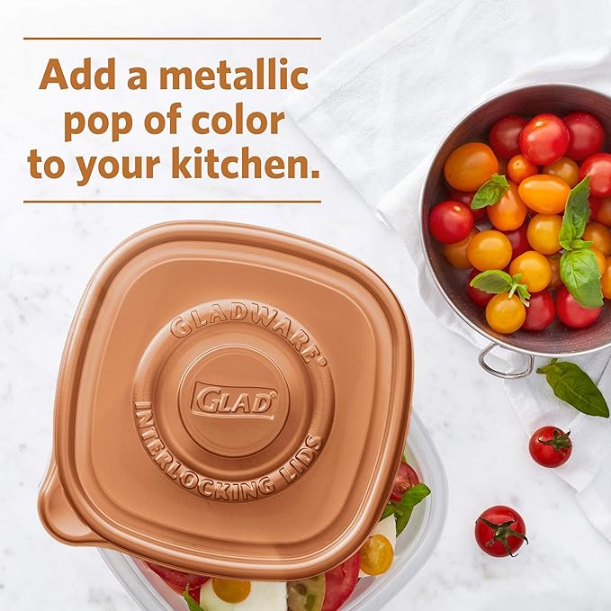 Glad GladWare Home Collection Tall Entree Food Storage Containers with Copper Metallic Lids, Large Square No BPA Plastic for Meal Prep and Lunches, Lock Tight Seal, 42 Oz, 3 Count - 6 Pack