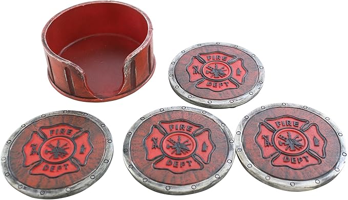 Pine Ridge Fire Department Set of 4 Coasters with Rubber Pad Base and Holder - Volunteer Fireman Fire Fighter Gift Ideas - Beautiful Polyresin Made Firefighter Symbol Display Items