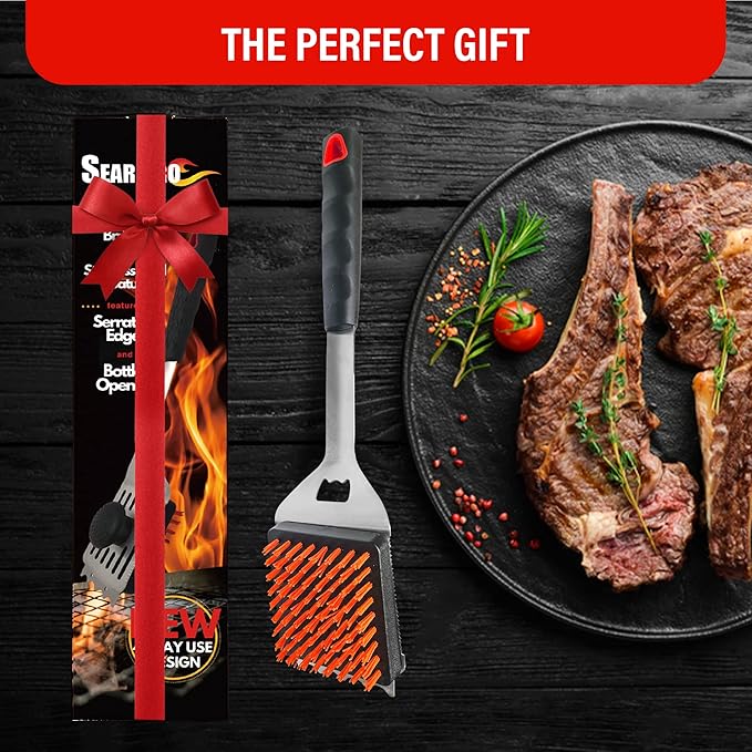 4-in-1 Grill Brush Combo by SearPro BBQ Cleaner Scraper Barbecue Tool Accessories Kit Heat Resistant Nylon Bristle Spatula Outdoor Smoker Black Stone Grate Cast Iron Spatula Non-Wire Brush (4 in 1)