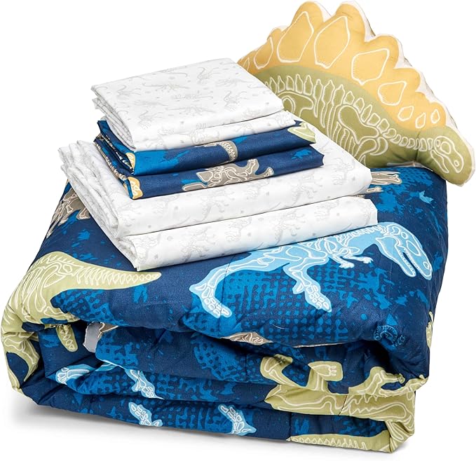 Northwest Classics Full Sized Dino Discovery Glow-in-The-Dark 8-Piece Bed in a Bag Set, All Seasons Bedding for Girls and Boys, Comforter, Flat Sheet, Fitted Sheet, Pillowcases, Pillow, Shams