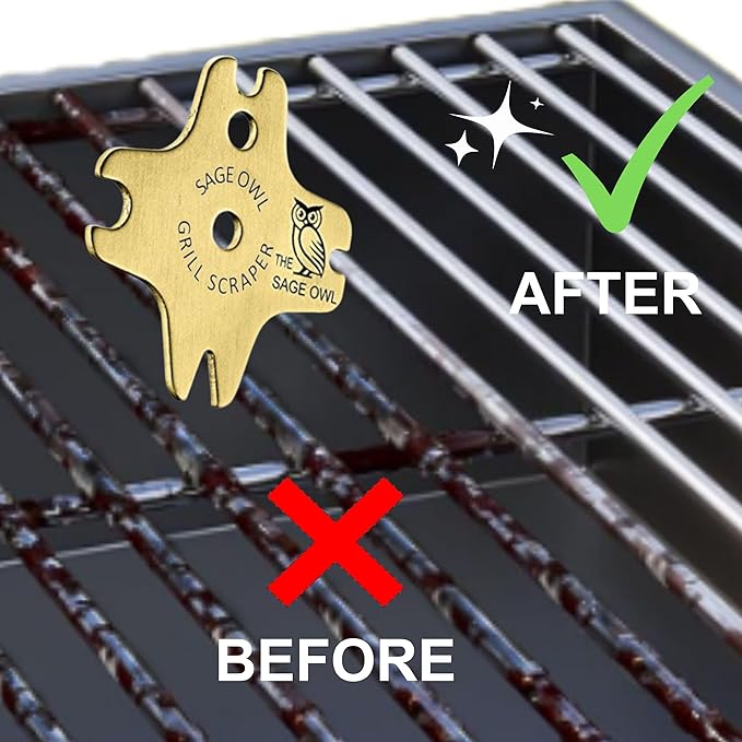 Sage Owl Bristle-Free Brass BBQ Grill Scraper – Safe Grill Cleaner for Outdoor Grills, Porcelain Grates, Smoker Accessories, Cooking Gadgets, and Barbecue Grilling Tools – Small Gifts for Dad