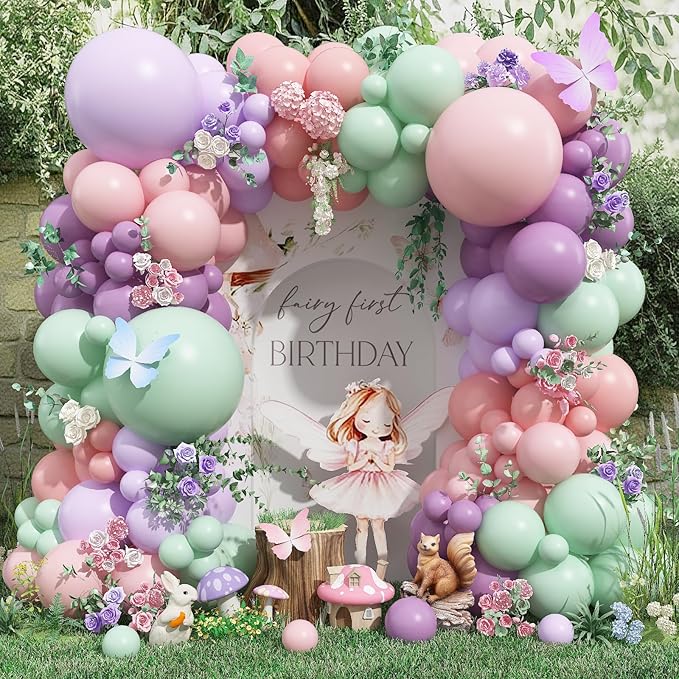 Fairy Wonderland Balloon Arch Kit, 128Pcs Pastel Pink Purple Green Balloon Garland Kit for Baby Girls Fairy First Birthday Spring Garden Tea Party Bride Baby Shower