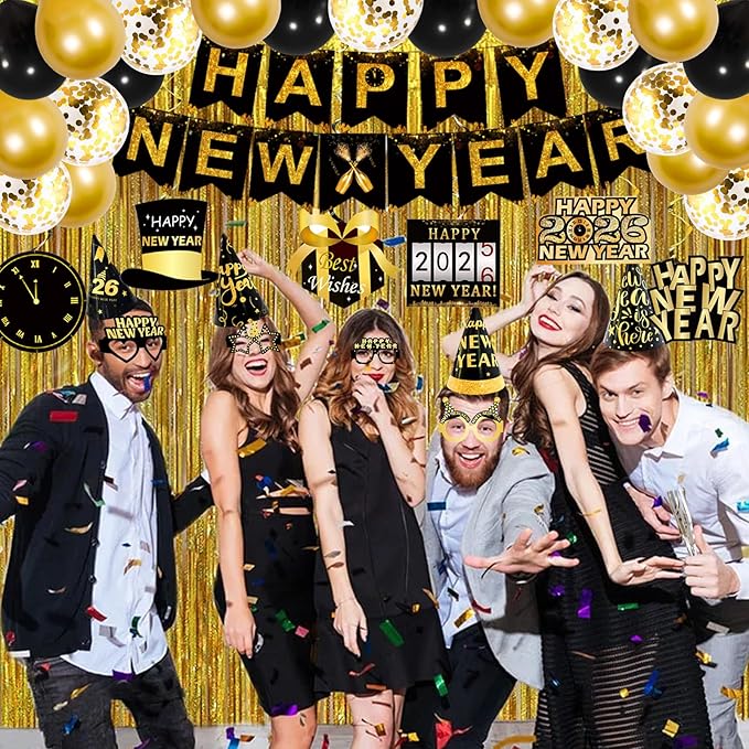 2026 New Years Decorations Set, New Years Eve Party Supplies 2026, "HAPPY NEW YEAR" Banner, "2025" Foil Balloon, Photo Props, Hats, Balloon Party Kit, Fringe Curtain