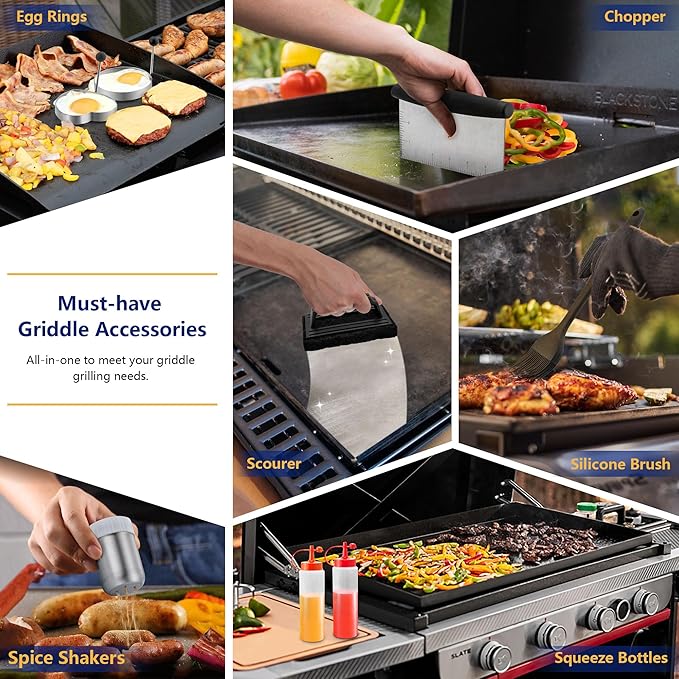 18Pcs Griddle Accessories Kit for Blackstone, Joyfair Flattop Grilling Accessory Set with Smash Burger Press, Stainless Steel Spatula Tools with Basting Cover for Outdoor BBQ Cooking (ABS Handles)