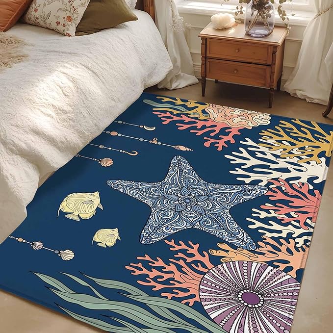 Area Rug 3x5ft, Ocean Starfish Coral Fish Washable Rugs for Living Room Bedroom, Underwater Creature on Navy Blue Soft Non-Slip Area Rugs Rectangle Floor Carpet for Dining Room