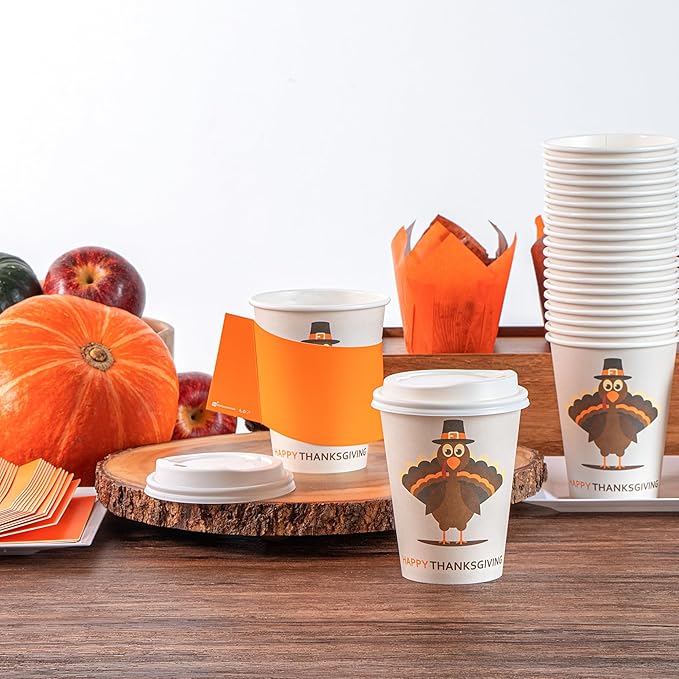Restaurantware-Restpresso 12 Ounce Thanksgiving Party Cups, 400 Disposable Hot Cups With Plastic Lids - Turkey Design, Rolled Rim, Paper Coffee Cups, Single Wall, Serve Hot And Cold Drinks
