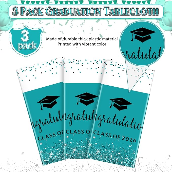 3 Pack Class of 2026 Graduation Tablecloths,Foil Dot Plastic Disposable Rectangle Table Covers for 2026 High School University College Graduation Party Decorations,108*54 Inch (Teal and Black)