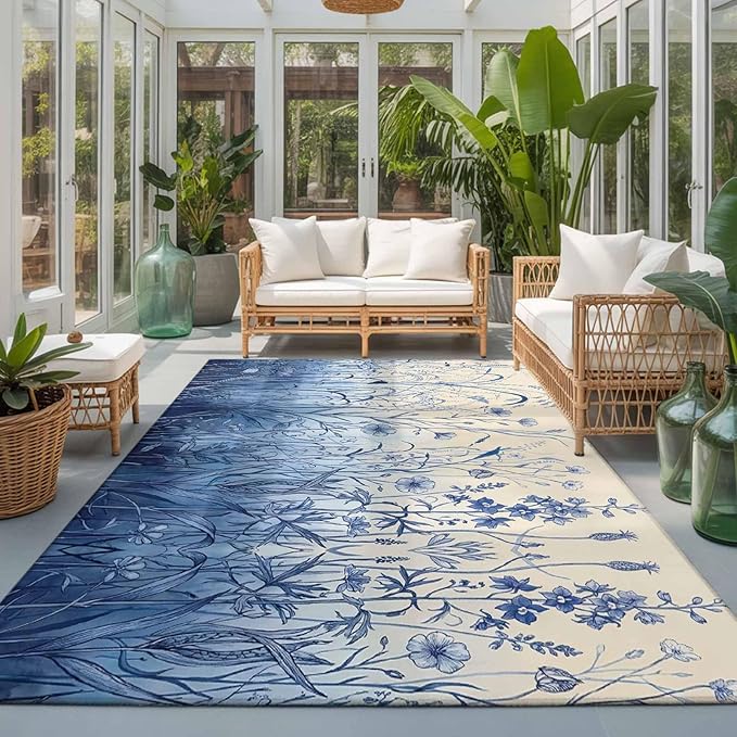Area Rug 3x5ft, Vintage Boho Blue Wildflowers Meadow Washable Rugs for Living Room Bedroom, Abstract Flower Soft Non-Slip Area Rugs Rectangle Floor Carpet for Dining Room