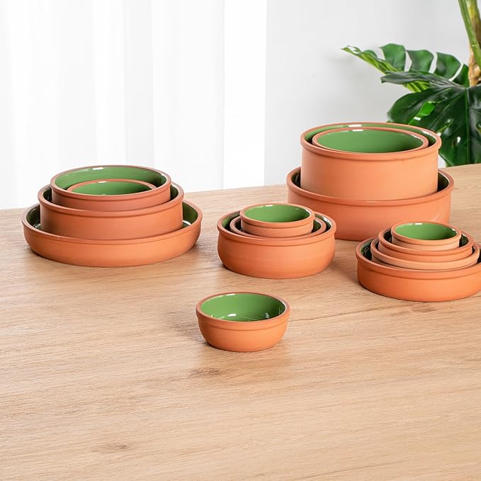 Restaurantware-Terra Tek 5.1 Ounce Terracotta Cazuelas, 2 Green Glazed Clay Pots For Cooking - Oven-Ready, Microwavable, Terracotta Serving Pots, Dishwashable, For Cooking And Serving
