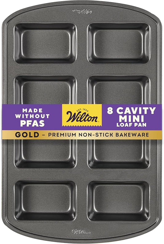 Wilton Gold Non-Stick Bakeware Mini Loaf - Baking Pan for Mini Banana Breads, Cakes & More - Made Without PFAS - Offers Even Heat Distribution & Hassle-Free Cleaning - 15 x 10 x 1.6 Inch, 8 Cavity