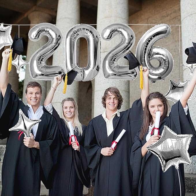 Upgraded, 42in Large 2026 Balloons Numbers, with 8pcs Star Balloon and Accessories, 3D Premium Aluminum Foil, Graduation Balloons for Graduation Decorations 2026, Grad Party Decorations, Silver