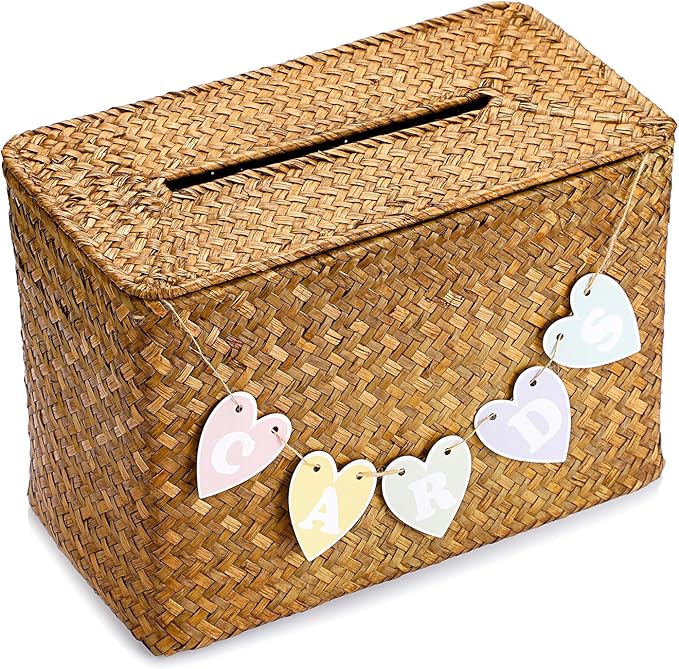 Hipiwe Handwoven Decorative Wedding Card Basket Card Receiving Box with Slot for Bridal Shower Retirement Anniversaries Decorative Card Holder, Caramel Color