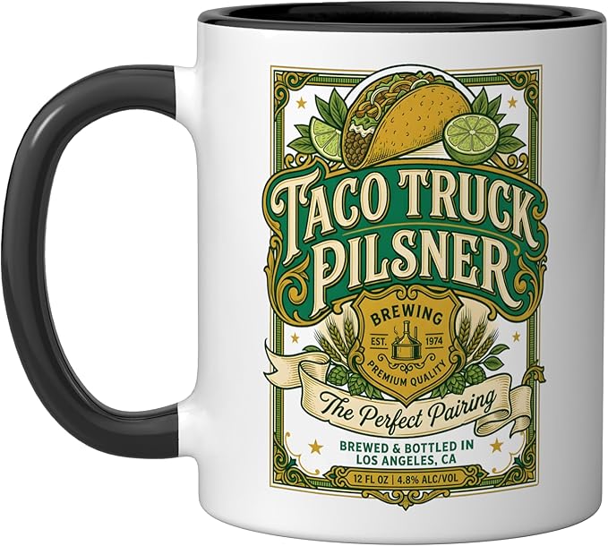 Taco Truck Pilsner Retro cerveza Funny Beer Label Ceramic Mug, Black/White