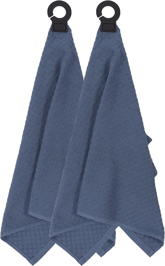 Ritz Premium Hook and Hang Towel, (2-Pack), 18" x 28", Long-Lasting Durable Rubber Hook, Highly Absorbent Super Soft Hand Cloths for Kitchen, Bathroom, Laundry Room, Federal Blue