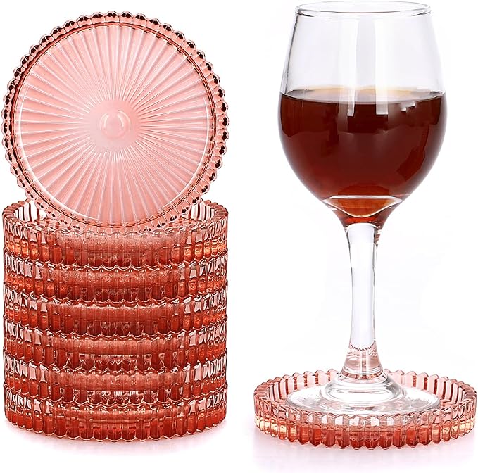 JUXYES 8 Pack Clear Red Crystal Coasters Round Cup Mat, Glass Coasters for Drinks Coffee Tea Wine, Decorative Wine Bottle Coaster, Crystal Drink Coasters for Restaurant bar Kitchen Dining Table
