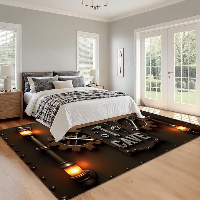 9x12 Area Rugs for Bedroom Boho Washable Man Cave Rug for Living Room Industrial Steampunk Man Cave Sign Tools Gears Soft Rubber Backed Non-Slip Large Carpets for Boys