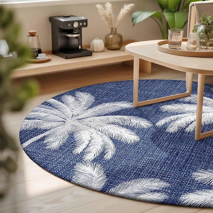 Washable Round Area Rug Coastal Palm Trees on Blue Circle Rugs Floor Carpet for Living Room Bedroom, Minimalist Tropical Leaves Soft Non Slip Round Rug 3ft