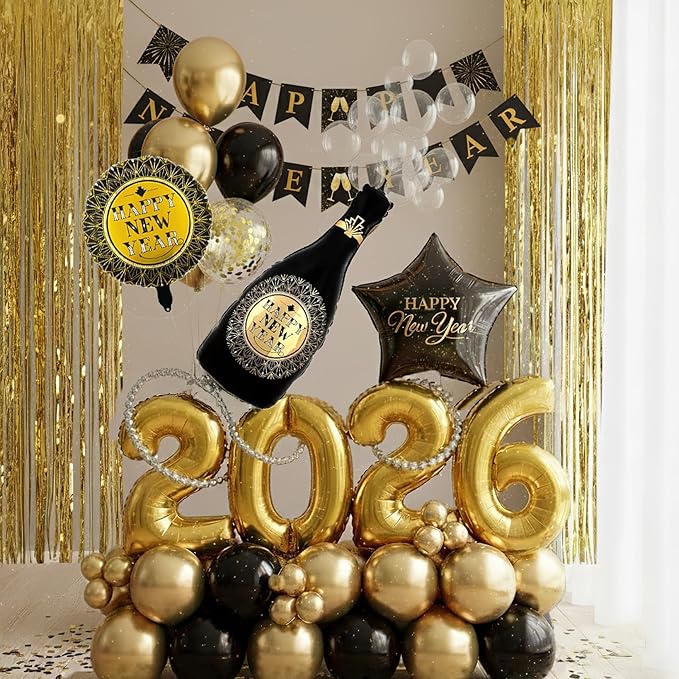 2026 New Year's Eve Decorations Kit - Black Gold White Confetti Balloons Happy New Year Banner, Jumbo 2026 Mylar Balloons,Curtain, Champagne Bottle for New Year's Eve Party Decorations