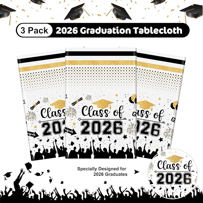 Graduation Decorations Class of 2026 Tablecloth - 3 Pcs Plastic Congrats Grad Table Cloth, Graduation Table Cover for Graduation Party Decorations 2026 and Party Supplies, 54"x108" (Black and Gold)