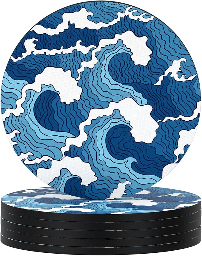 Nipichsha Coasters for Drinks, Set of 6 Cute Absorbent Rubber Drink Coasters for Cup with Non Slip Backing, Kitchen Home Decor Housewarming Gift, Round 4 in, Japanese Wave