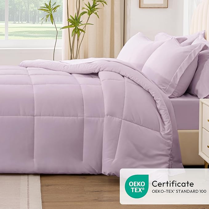 Love's cabin Twin XL Comforter Set Light Purple, 5 Pieces Twin XL Bed in a Bag, All Season Bedding Sets with 1 Comforter, 1 Flat Sheet, 1 Fitted Sheet, 1 Pillowcase and 1 Pillow Sham | Soft, Breathable, Lightweight, Comfortable