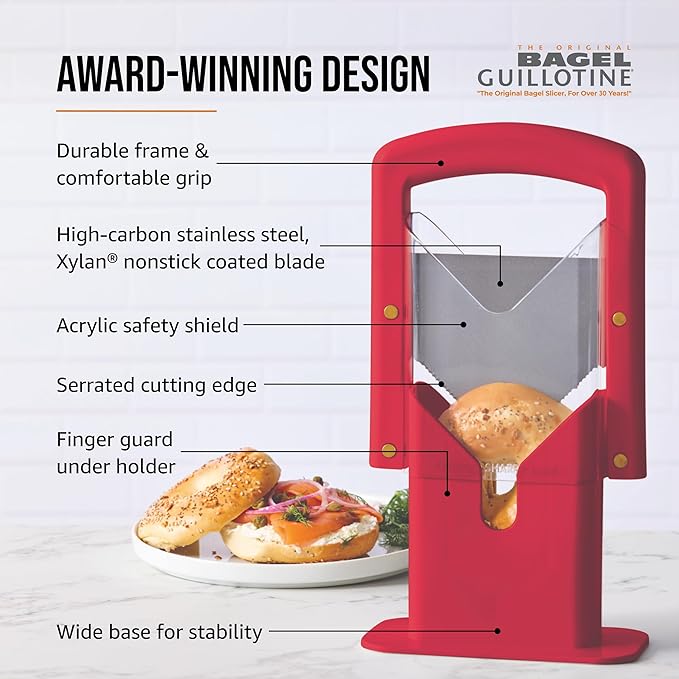 Hoan Bagel Biter Slicer and Cutter with Safety Shield - Serrated Blade Cuts Bagels, Muffins, Buns and Rolls - Dishwasher Safe Bagel Guillotine, 9.25 Inches Tall, Red