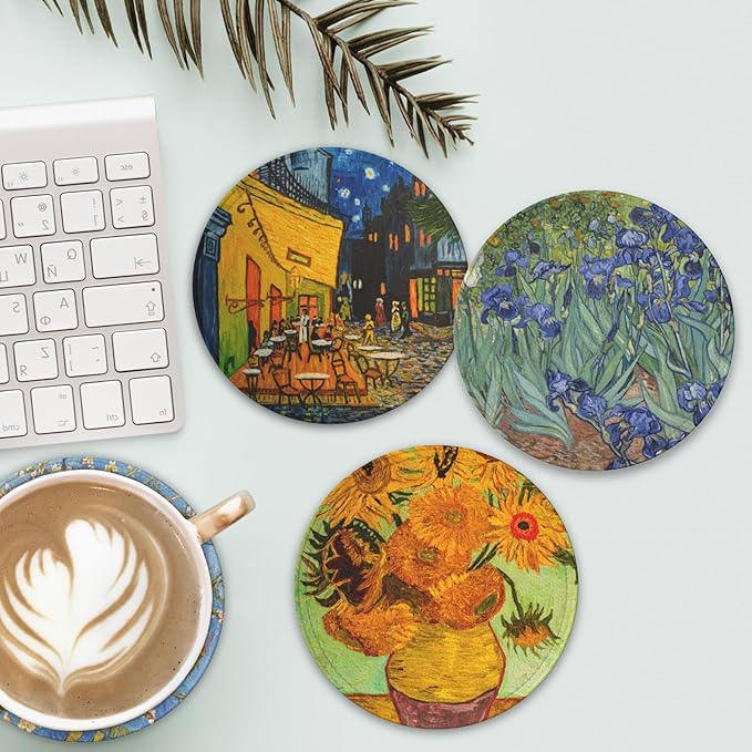 Van Gogh Art Leather Drinks Coasters with Holder, Set of 6, Suitable for Various Cups