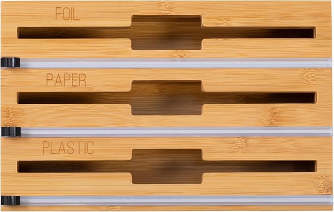 Honey Can Do 3-In-1 Bamboo Food Wrap Organizer With Safety Cutter | Plastic, Wax, Paper and Foil Holder KCH-09858 Natural
