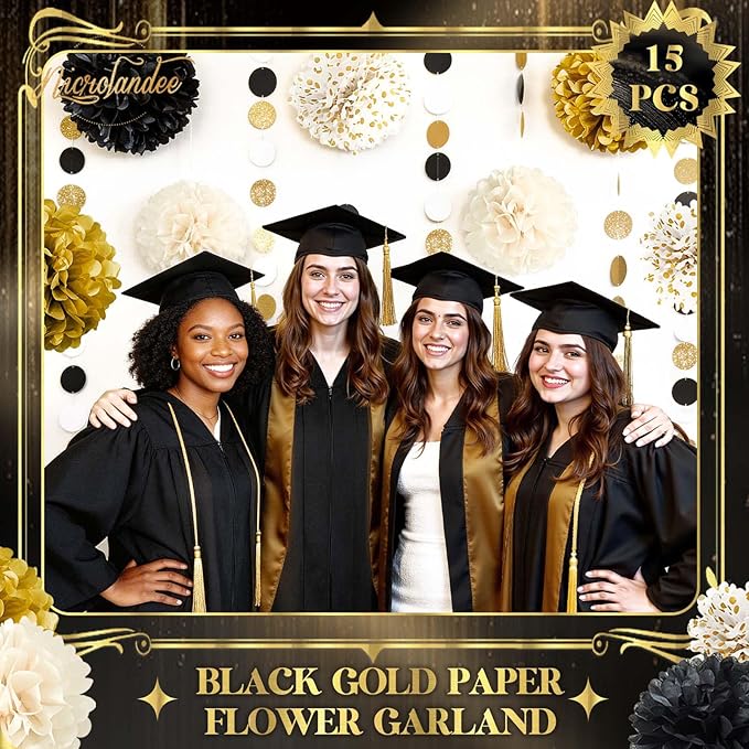 NICROLANDEE Black Gold Party Decorations, 15 PCS Tissue Paper Pom Poms Kit for 2026 Graduation Party Decor, Wedding, Birthday, Engagement, Paper Garland Flower Ball Ceiling Wall Decor