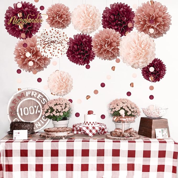 NICROLANDEE Bachelorette Party Decorations - 15Pcs Burgundy Rose Gold Tissue Pom Poms Circle Dots Polka Dot Kit for Valentines, Engagement, Wedding, Bridal Shower, Burgundy Birthday Decorations