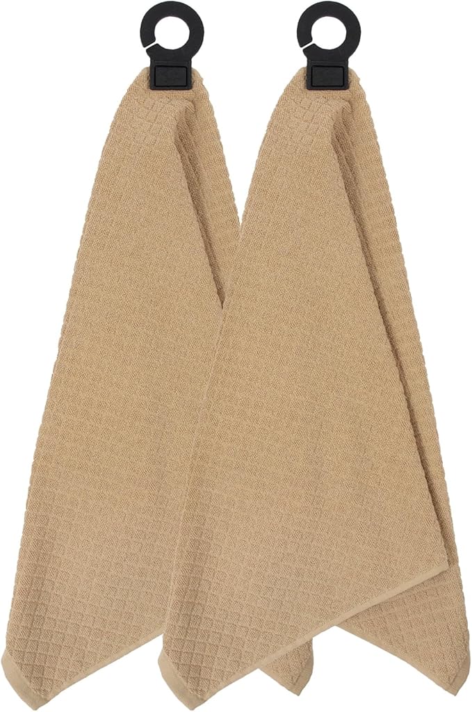 Ritz Premium Hook and Hang Towel, (2-Pack), 18" x 28", Long-Lasting Durable Rubber Hook, Highly Absorbent Super Soft Hand Cloths for Kitchen, Bathroom, Laundry Room, Biscotti