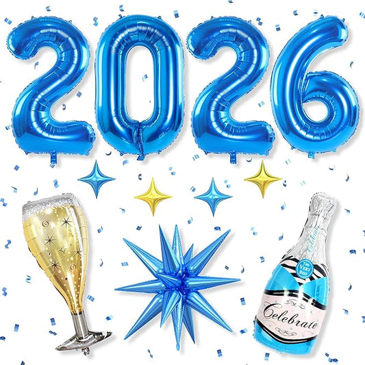 Blue 2026 Balloons, 40 Inch Number 2026 Blue Foil Balloons, Blue Gold Star Balloon, Champagne Bottle Glass Balloon for Happy New Years Eve Party Supplies 2026 Class of 2026 Graduation Decorations