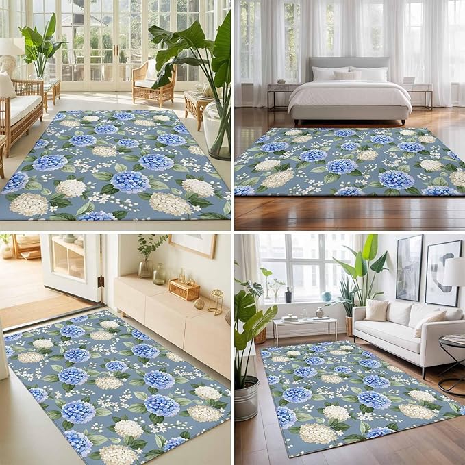 Area Rug 8x10ft, Watercolor Purple White Hydrangea Washable Rugs for Living Room Bedroom, Spring Flower on Gray Blue Soft Non-Slip Area Rugs Rectangle Floor Carpet for Dining Room