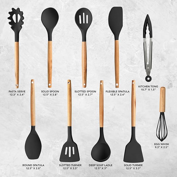 OVENTE Silicone Cooking Utensils Set, 17pcs Heat Resistant Kitchen Tools and Gadgets for Nonstick Cookware, BPA Free Spatula Set with Wooden Handle, Cup Holder, Oven Gloves and Hot Pads, Black SPS17B