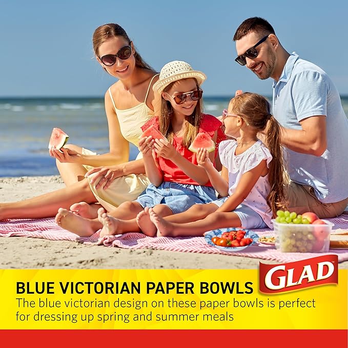 Glad Round Disposable Paper Bowls, Blue Victorian Design - Heavy Duty, Soak-Proof, Cut-Resistant, Microwavable Paper Bowls for All Foods and Daily Use, 16 oz, 50 Count