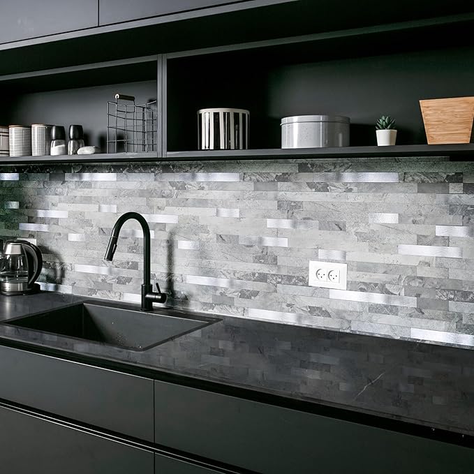 Yipscazo 1 Sheet Peel and Stick Stone Metal Tile Backsplash, Stick on Tiles for Backsplash Kitchen, Bathroom, Laundry Room, Camper, Fireplace (12'' X 12'', Gray Stone with Metal)