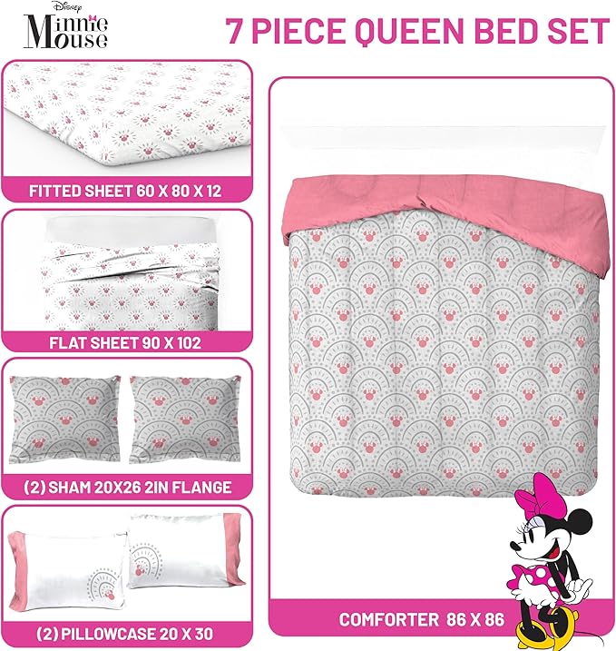 Jay Franco Disney Minnie Mouse Queen Comforter Set - 7 Piece Bedding Includes Sheet Set & Pillow Covers - Super Soft Cozy Pink Mandala Bedding