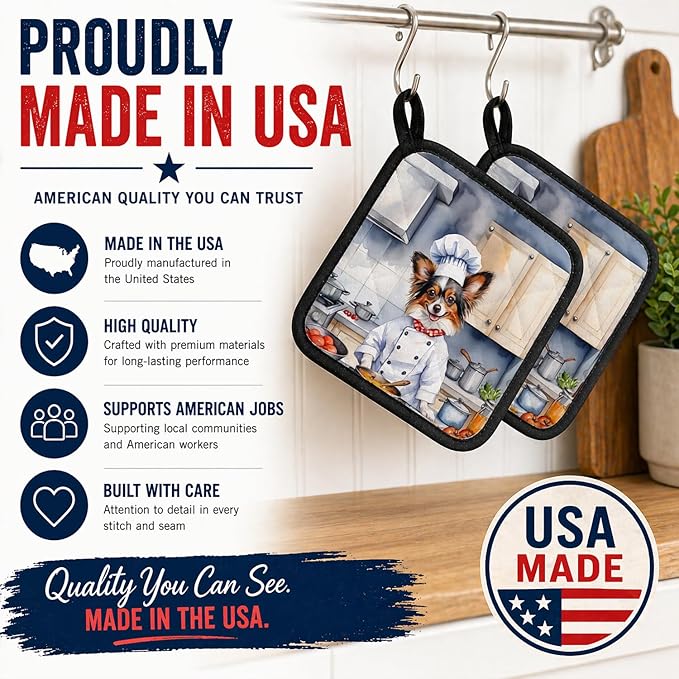 Caroline's Treasures Papillon The Chef Pair of Pot Holders Kitchen Heat Resistant Pot Holders Sets Oven Hot Pads for Cooking Baking BBQ, 7 1/2 x 7 1/2