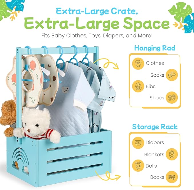 Wooden Baby Shower Crate Closet – with Handle, Smooth Surface & Round Edges – Textured Natural Wood - New Born Welcome Gift Hamper for Boys & Girls - Pregnancy Gifts for New Parents (Baby Blue)