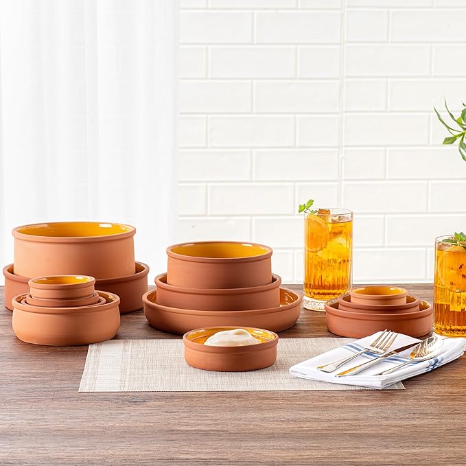 Restaurantware-Terra Tek 8.8 Ounce Terracotta Cazuelas, 2 Yellow Glazed Clay Pots For Cooking - Oven-Ready, Microwavable, Terracotta Serving Pots, Dishwashable, For Cooking And Serving