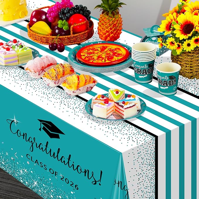 12 Pack Class of 2026 Graduation Tablecloths,Foil Dot Plastic Disposable Rectangle Table Covers for 2026 High School University College Graduation Party Decorations,108*54 Inch (Teal and Black)