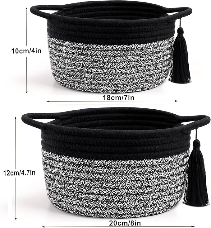 Small Round Gift Baskets with Handles Set 2, SweetMemo Little Empty Gifts Basketsl, Cute Woven Cotton Rope Storage Bins for Men, Desk, Plant, Bathroom, Decorative, Pre-Shaped, Two Pack - Black Gray