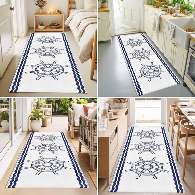 Runner Rug for Bedroom Hallway, Summer Marine Nautical Ship Rudder Kitchen Runner Rugs Area Rug 2x6ft, Ocean Theme Navy Blue White Washable Soft Floor Carpet for Entryway Stair